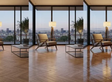 Comparativa de acabados en un mismo salón para elegir entre parquet satinado o mate, mostrando la evolución del reflejo de la luz hasta el barniz brillante.
