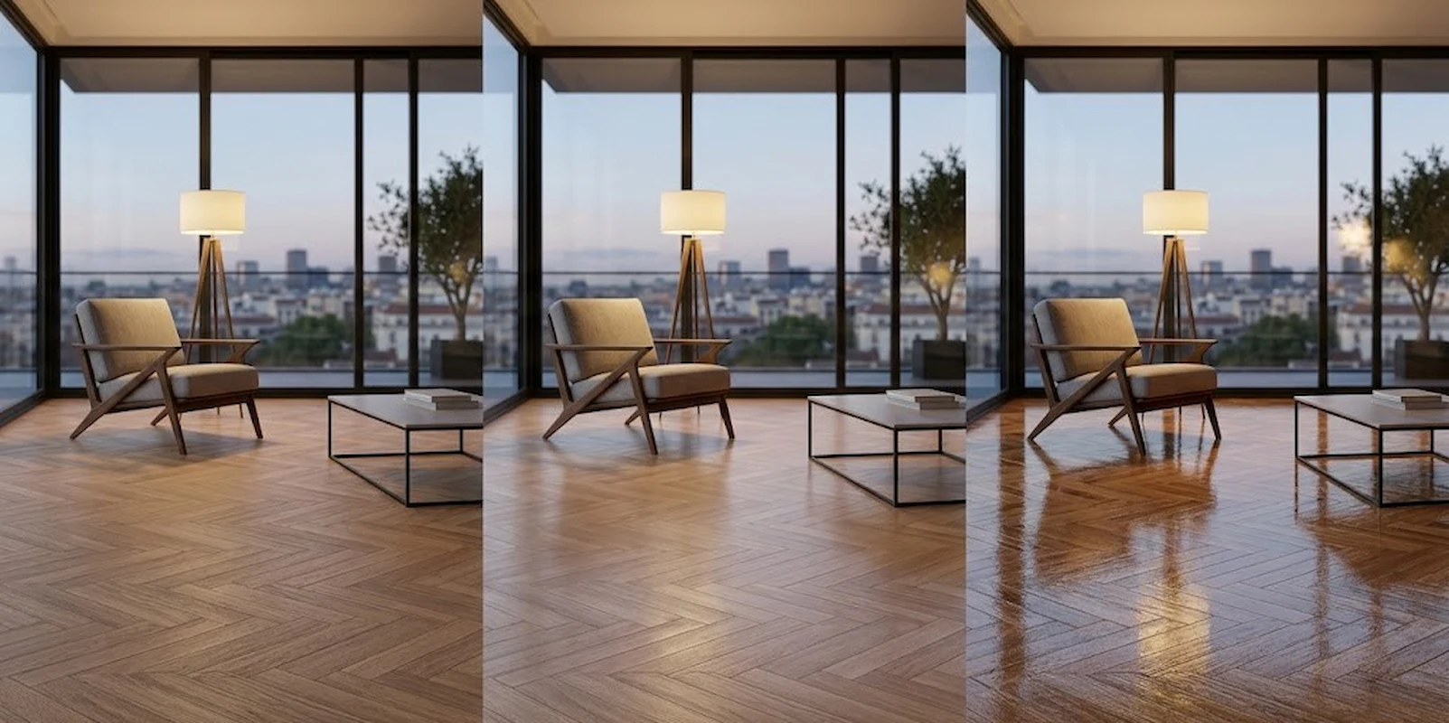 Comparativa de acabados en un mismo salón para elegir entre parquet satinado o mate, mostrando la evolución del reflejo de la luz hasta el barniz brillante.