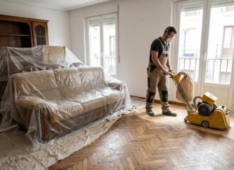 Operario profesional trabajando al acuchillar parquet en madrid utilizando maquinaria de aspiración en un salón con los muebles protegidos por plásticos.