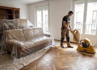 Operario profesional trabajando al acuchillar parquet en madrid utilizando maquinaria de aspiración en un salón con los muebles protegidos por plásticos.