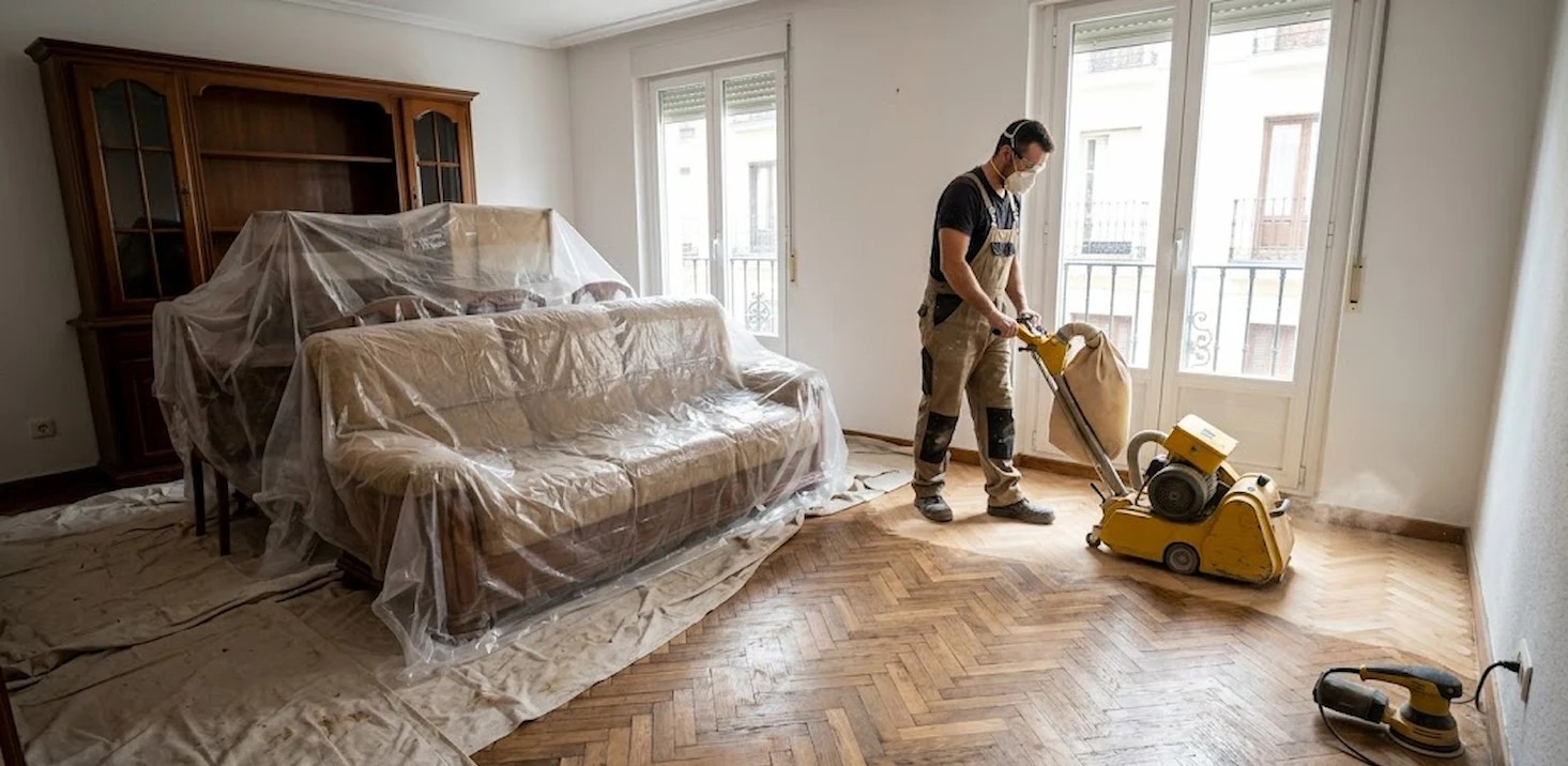 Operario profesional trabajando al acuchillar parquet en madrid utilizando maquinaria de aspiración en un salón con los muebles protegidos por plásticos.