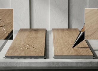 Muestras de suelos de núcleo rígido resistentes al agua y al impacto de tacones, presentados como la mejor alternativa al acuchillado de parquet tradicional.