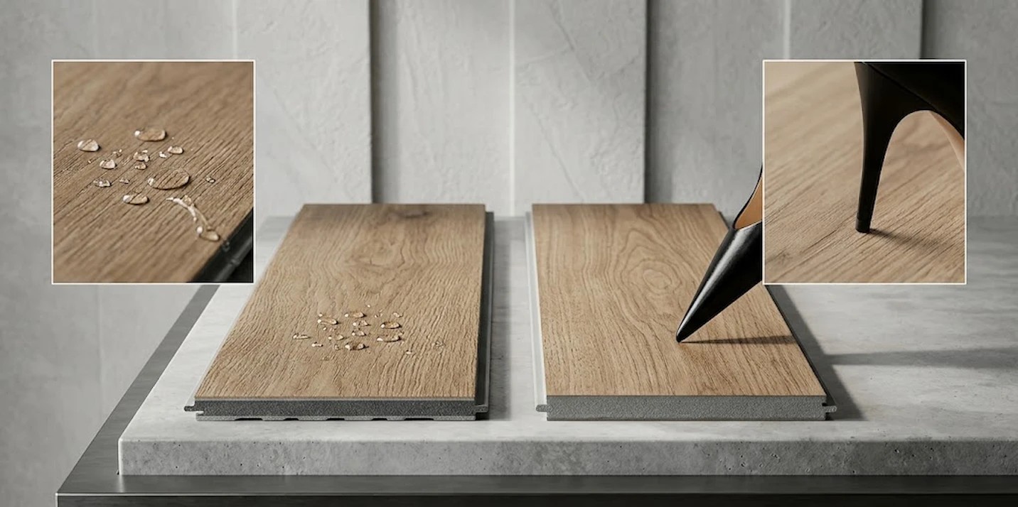 Muestras de suelos de núcleo rígido resistentes al agua y al impacto de tacones, presentados como la mejor alternativa al acuchillado de parquet tradicional.