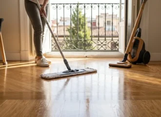 Persona fregando un suelo de parquet brillante con mopa plana de microfibra y mango largo, junto a una aspiradora moderna, en un piso con balcón de hierro y vistas de ciudad. Ilustración técnica para un artículo sobre mantenimiento de limpieza de parquet.