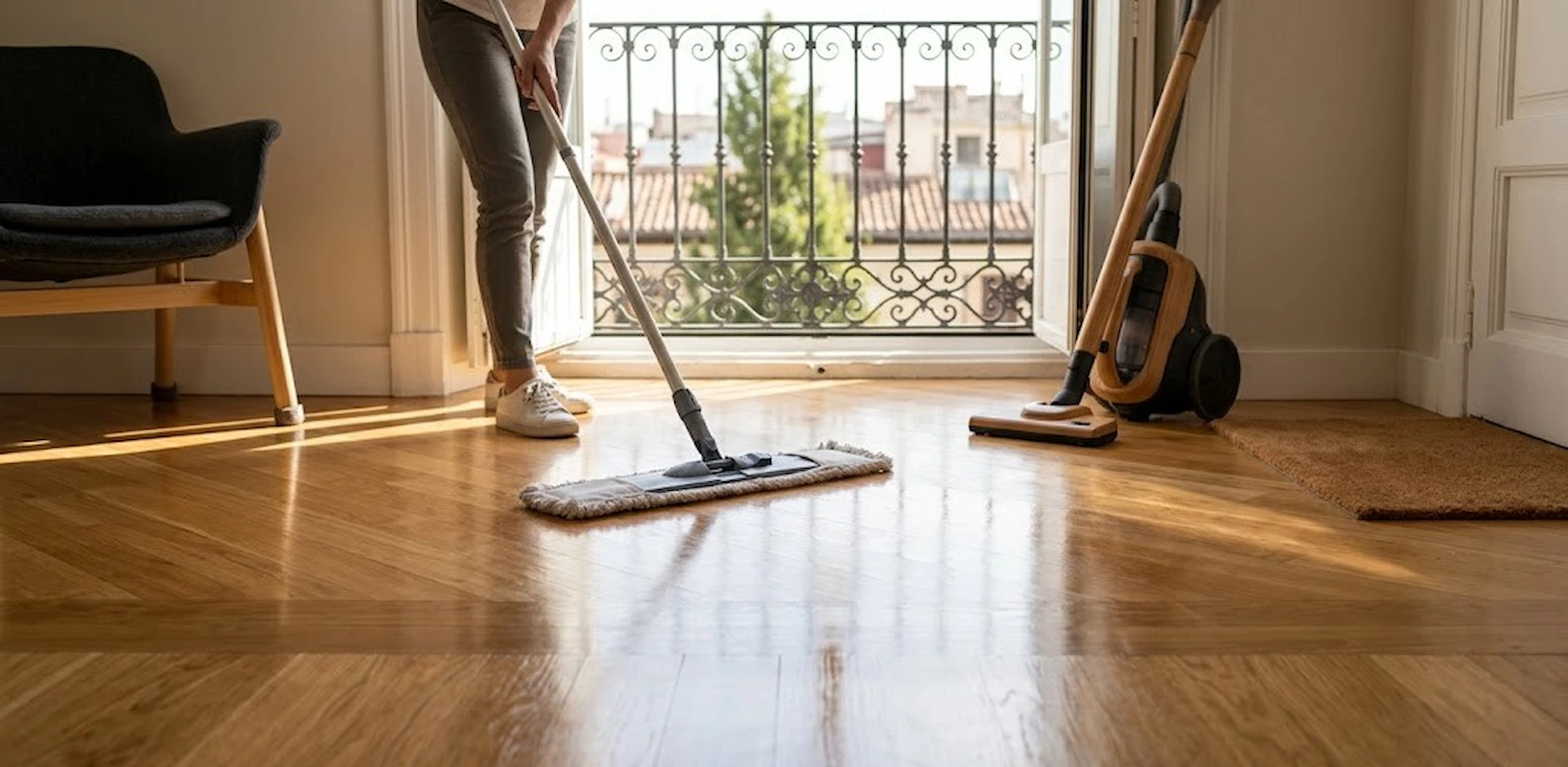 Persona fregando un suelo de parquet brillante con mopa plana de microfibra y mango largo, junto a una aspiradora moderna, en un piso con balcón de hierro y vistas de ciudad. Ilustración técnica para un artículo sobre mantenimiento de limpieza de parquet.