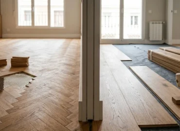 Comparativa visual mostrando la diferencia entre parquet y tarima, con la instalación de parquet encolado en espiga a la izquierda y lamas de tarima de gran formato a la derecha.