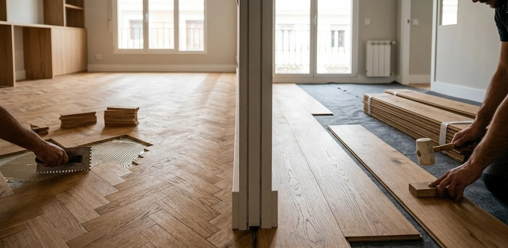 Comparativa visual mostrando la diferencia entre parquet y tarima, con la instalación de parquet encolado en espiga a la izquierda y lamas de tarima de gran formato a la derecha.