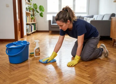 Mujer limpiando un parquet