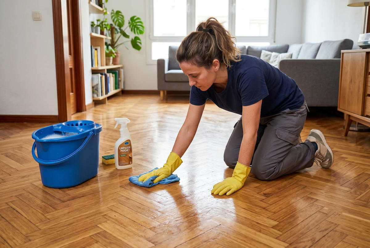 Mujer limpiando un parquet