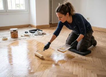 mujer echando barniz en un parquet