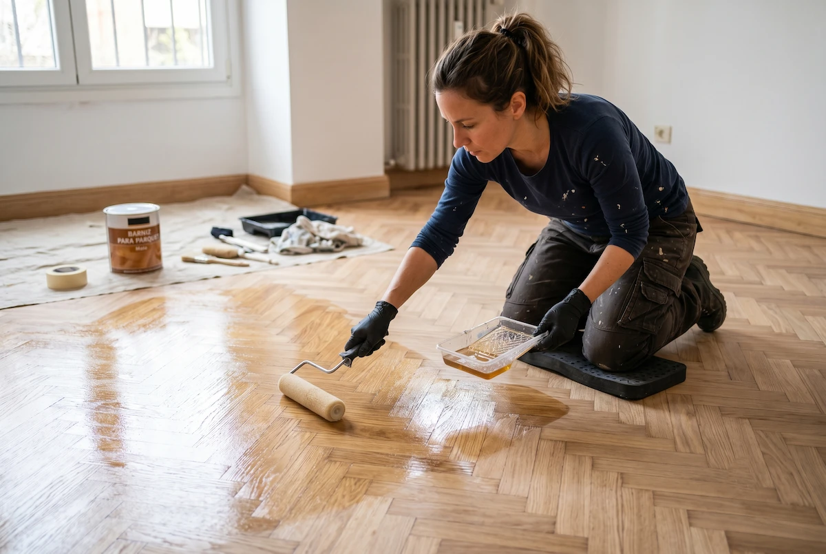 mujer echando barniz en un parquet