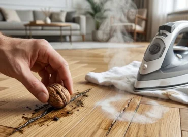 Peligros de los remedios caseros para reparar parquet mostrando el uso incorrecto de una nuez sobre un arañazo y una plancha de vapor quemando la madera.