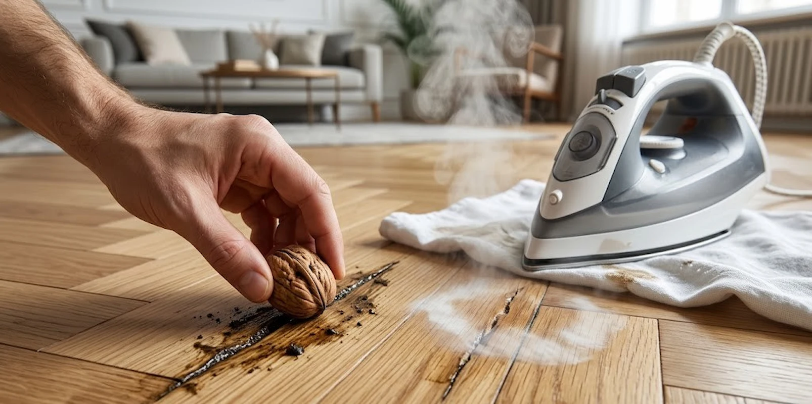 Peligros de los remedios caseros para reparar parquet mostrando el uso incorrecto de una nuez sobre un arañazo y una plancha de vapor quemando la madera.
